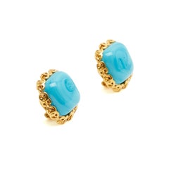 Chanel 1992 Boucles d Oreilles Clips Gripoix Turquoise Glass Clip on Earrings
