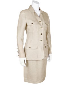 Chanel 1992 Cruise Collection Tan Linen Safari Style Skirt Suit
