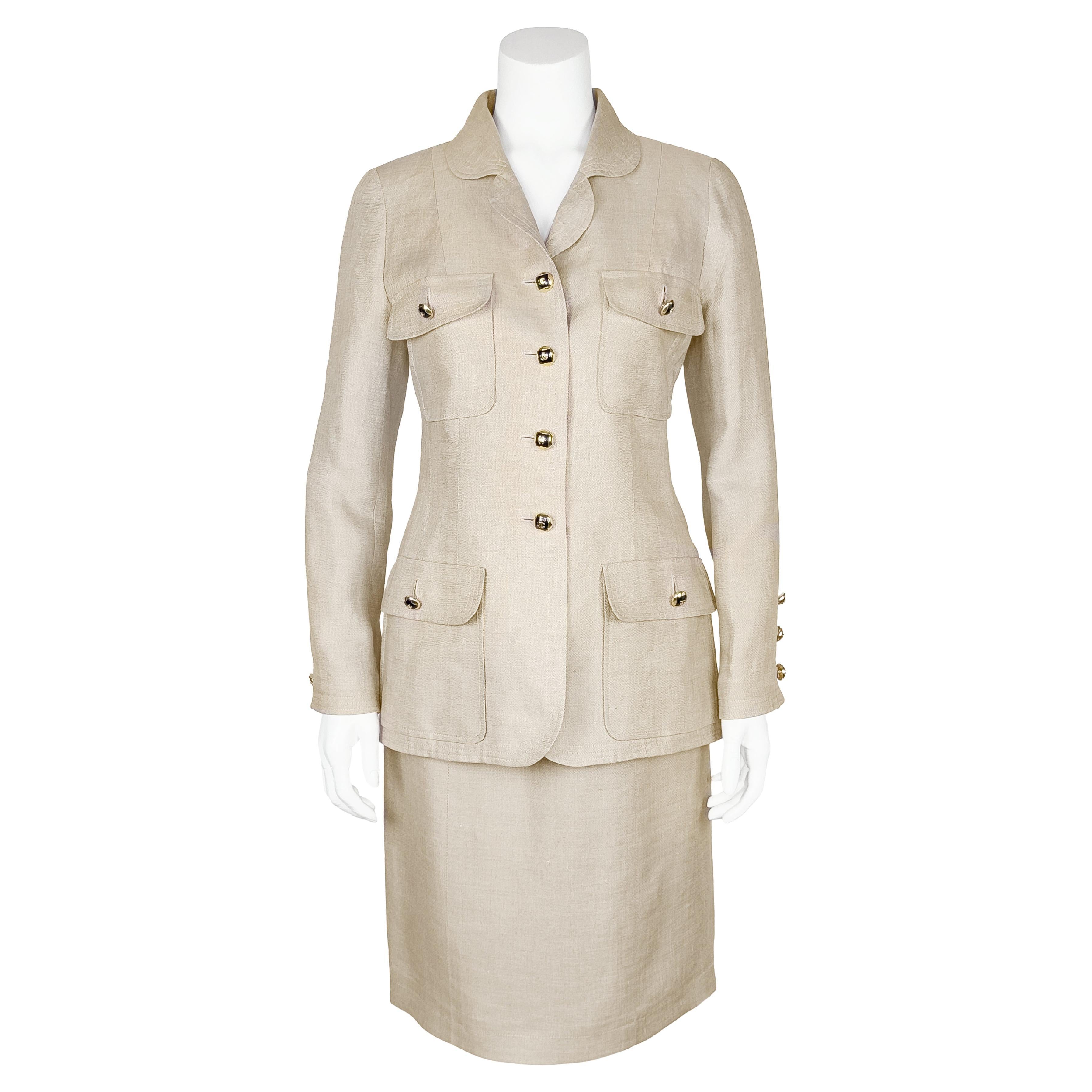 Chanel 1992 Cruise Collection Tan Linen Safari Style Skirt Suit