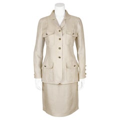 Chanel 1992 Cruise Collection Tan Linen Safari Style Skirt Suit