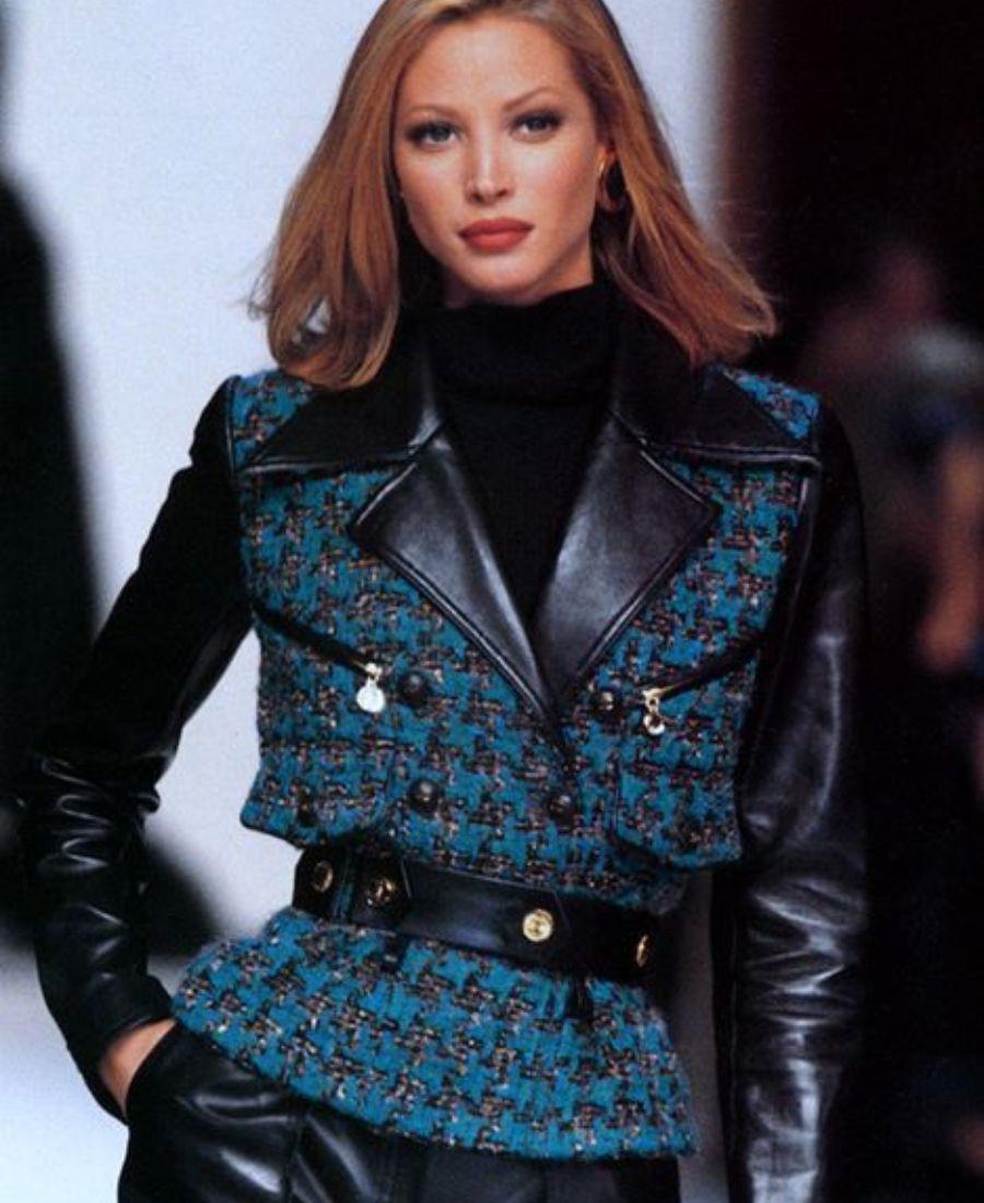 Blue Chanel 1992 Fall/Winter Runway Vintage Black Leather Green Tweed Logo Button Jac