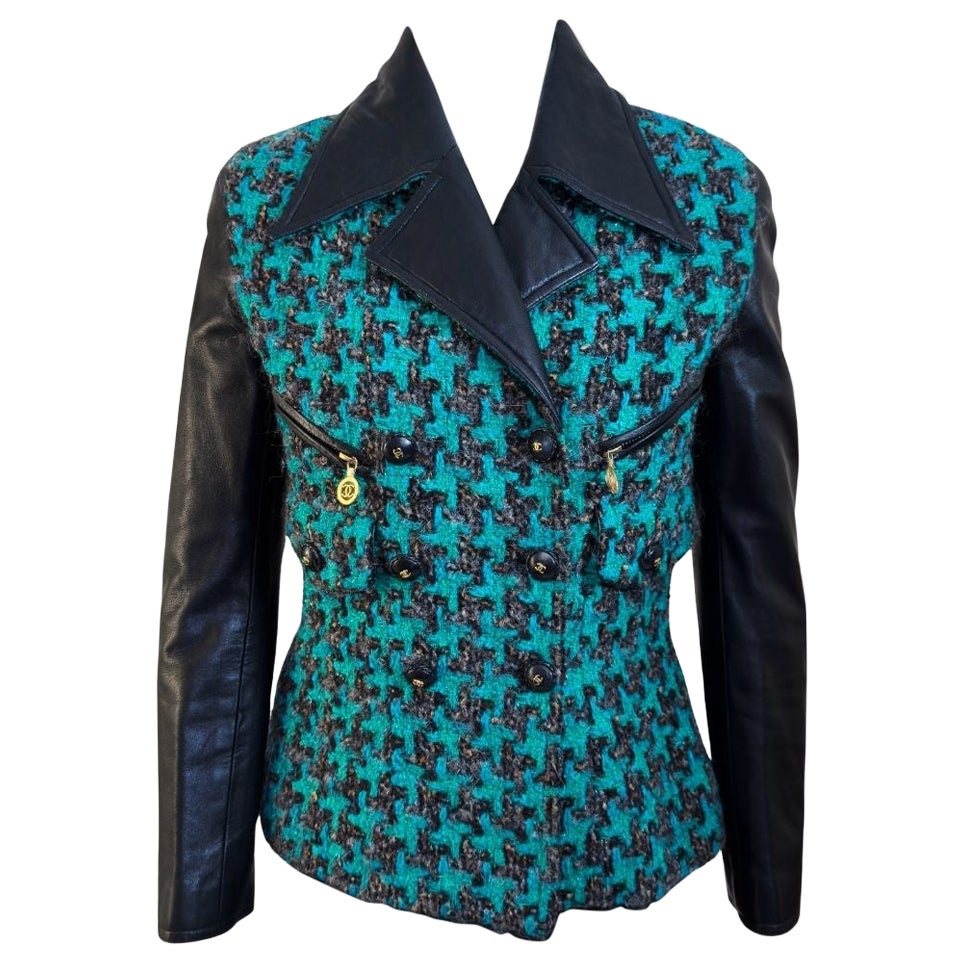 Chanel 1992 Fall/Winter Runway Vintage Black Leather Green Tweed Logo Button Jac
