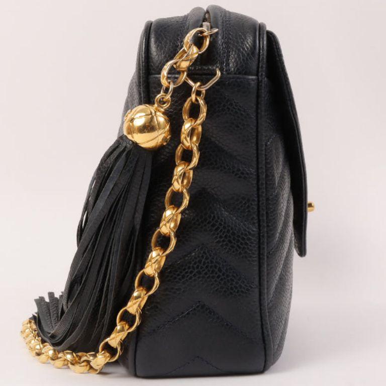 Women's Chanel 1992 Made Caviar Skin Chevron Stitch Turn-Lock Fringe Bijoux Chain Bag