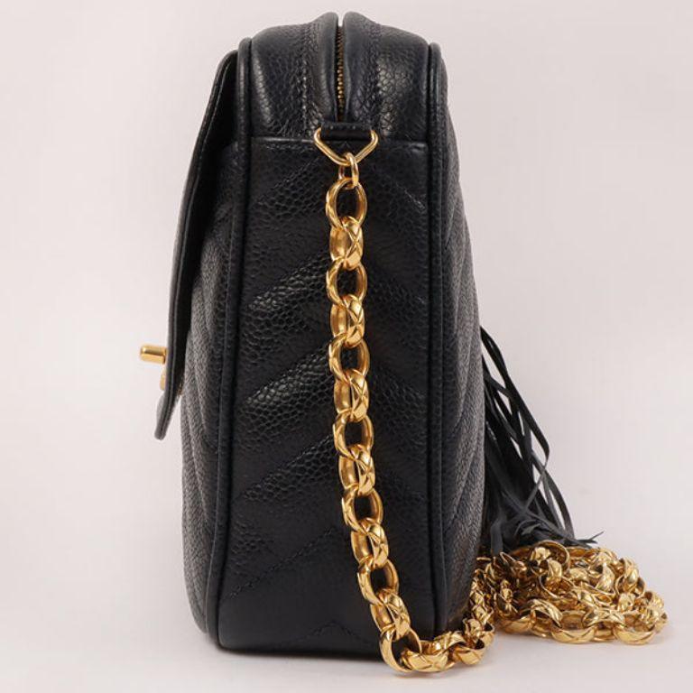 Chanel 1992 Made Caviar Skin Chevron Stitch Turn-Lock Fringe Bijoux Chain Bag 1