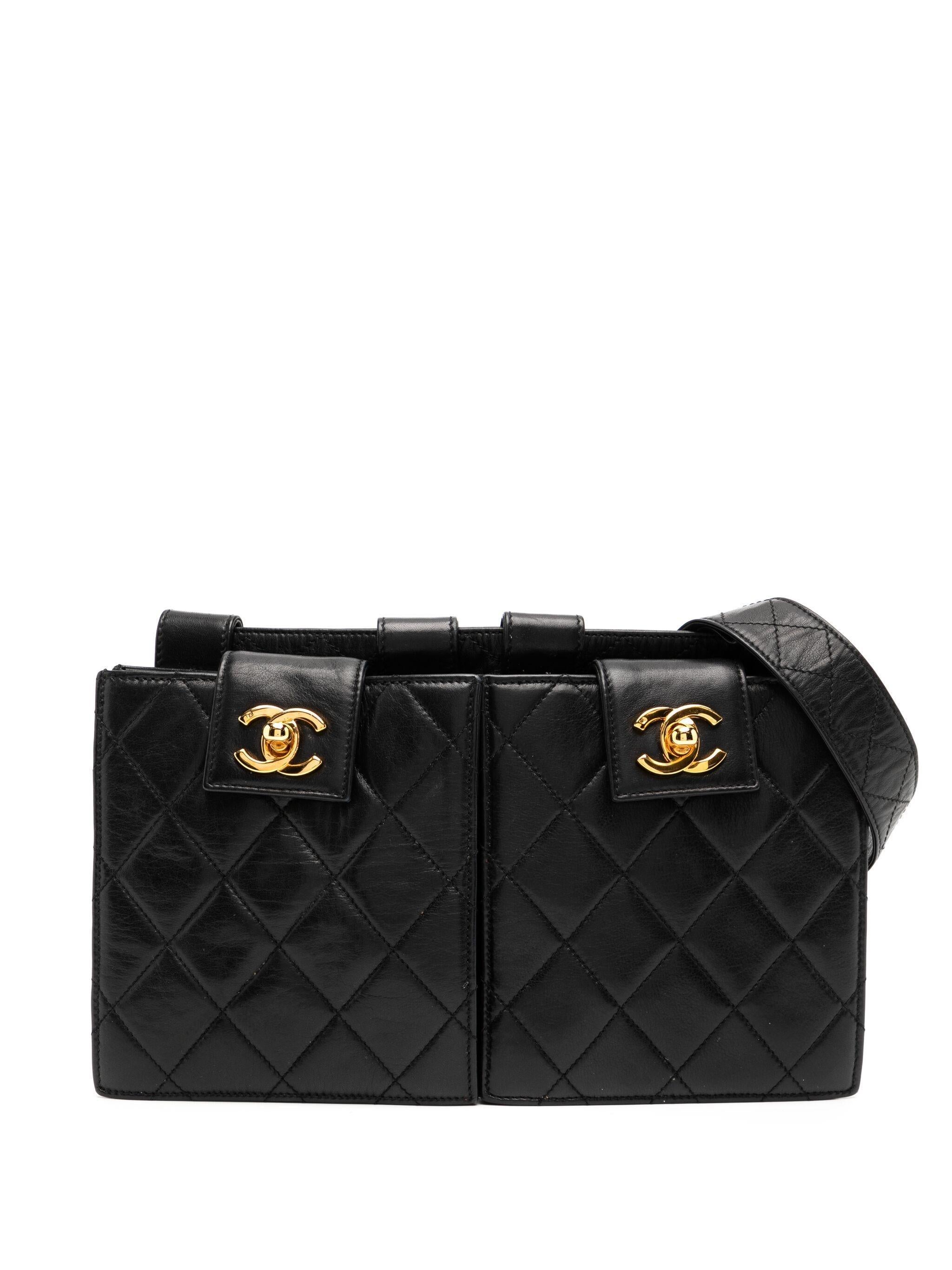 Black Chanel 1992 Rare Vintage Dual Twin Quilted Caviar Pouch Waist Fanny Belt Bag For Sale