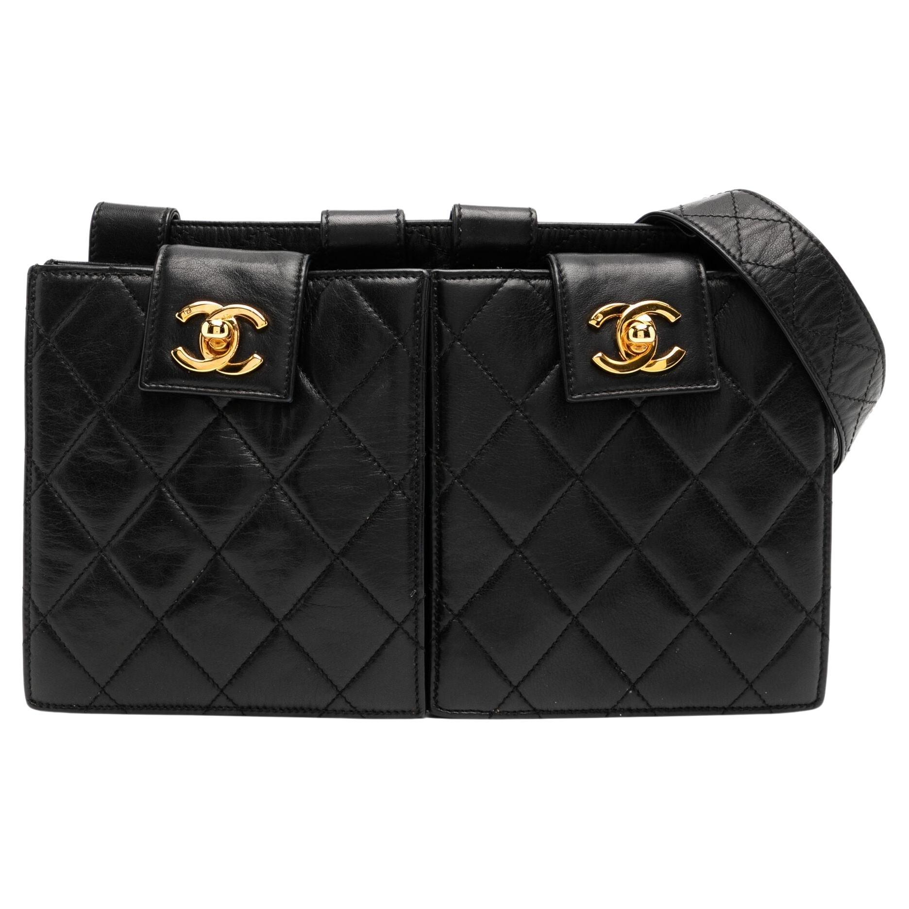 Chanel 1992 Rare Vintage Dual Twin Quilted Caviar Pouch Waist Fanny Belt Bag For Sale