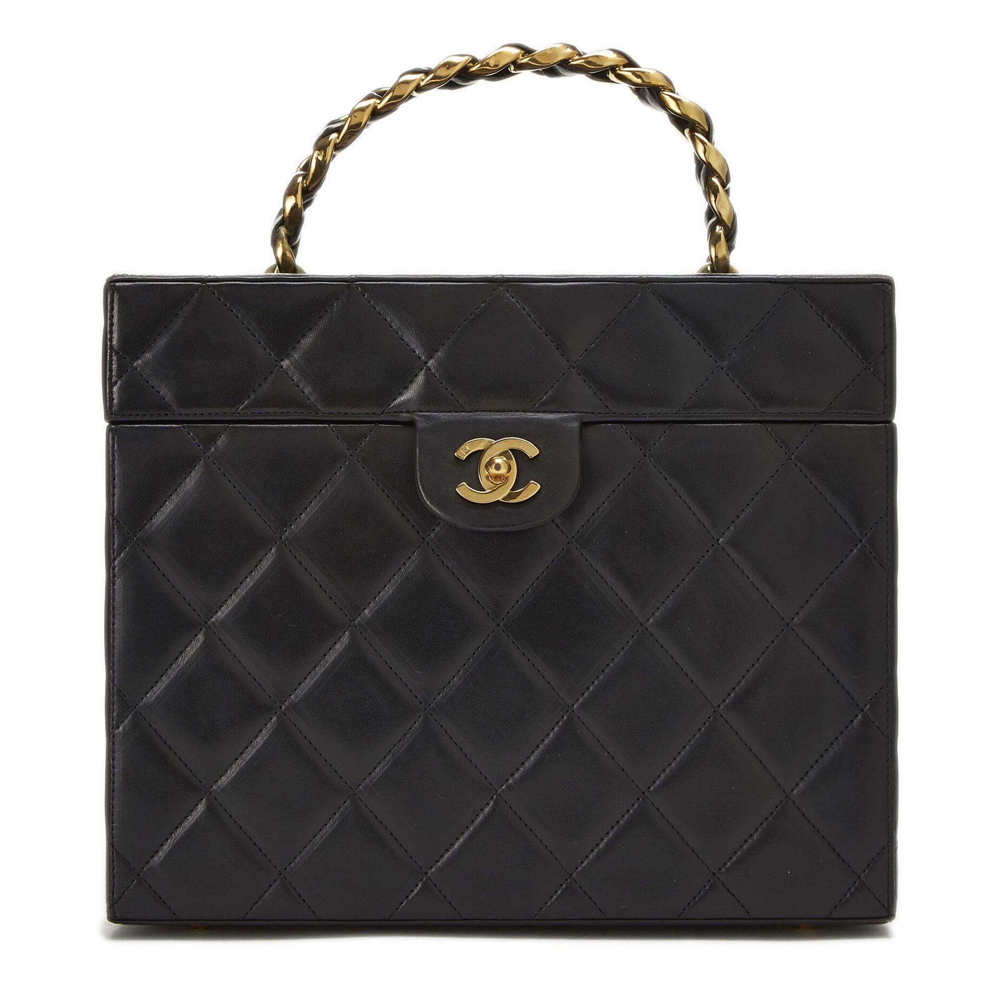 Chanel 1992 Raro estuche de tren con asa superior cuadrada Vintage Vanity Decor Joyero Negro en venta