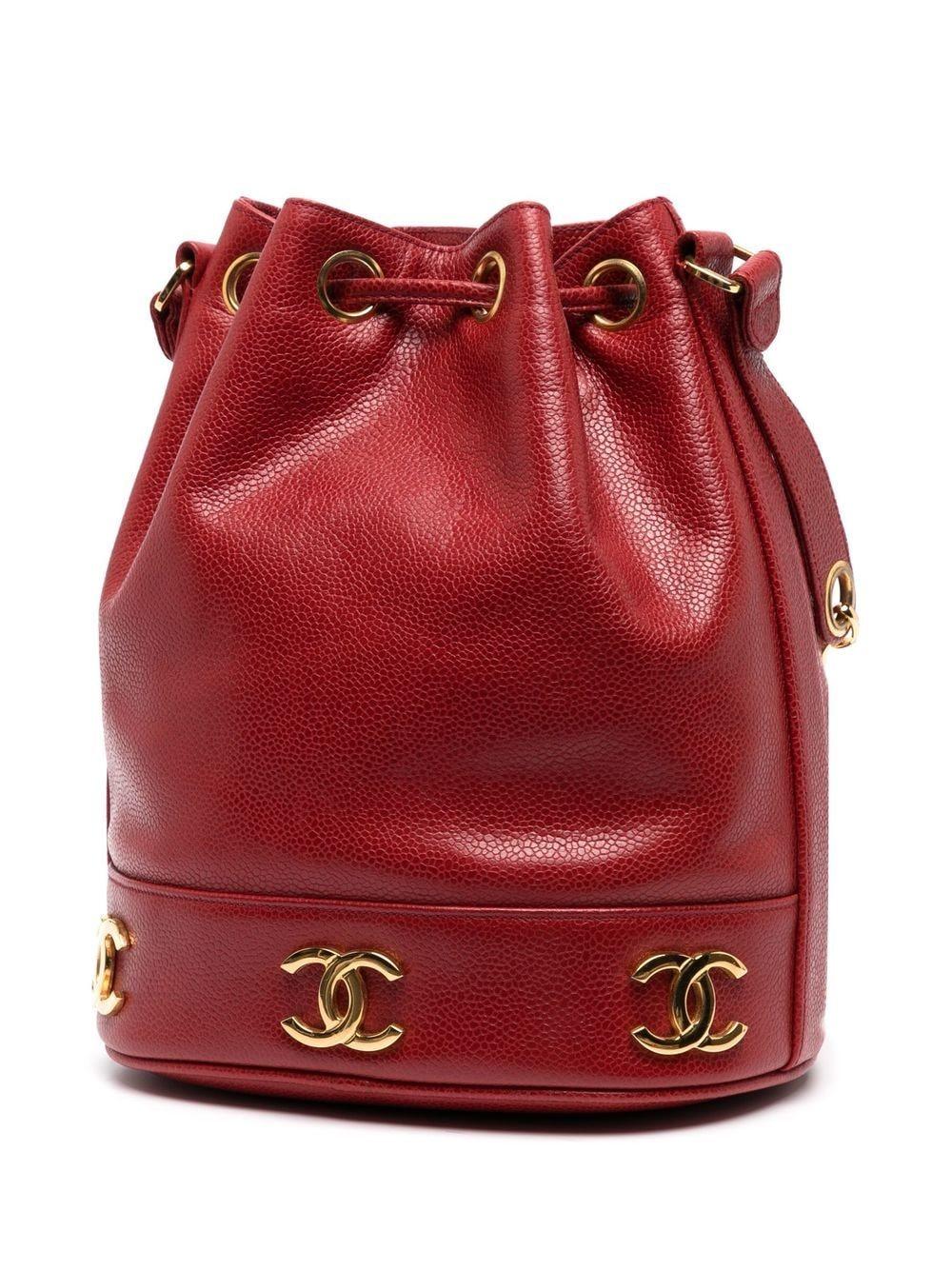 Chanel 1992 Red Caviar Plaque Bucket Drawstring Tote Crossbody Bag For Sale 1