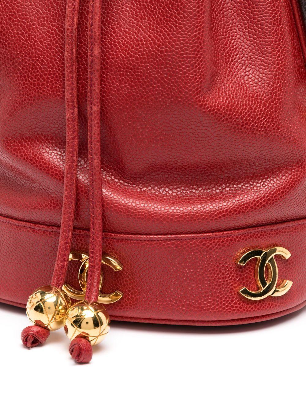 Chanel 1992 Red Caviar Plaque Bucket Drawstring Tote Crossbody Bag For Sale 3