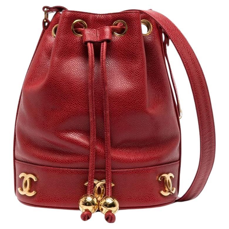 Chanel 1992 Red Caviar Plaque Bucket Drawstring Tote Crossbody Bag For Sale
