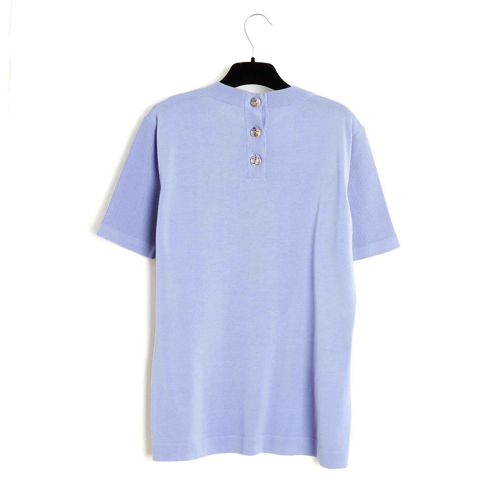 Women's or Men's Chanel 1992 Tee shirt Parme FR40 Mauve Cotton Knit CC buttons Top UK12 US10 For Sale