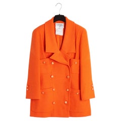 Chanel 1992 Veste FR42 Orange Wool Boucle Double Breasted CC Jacket UK14 US12