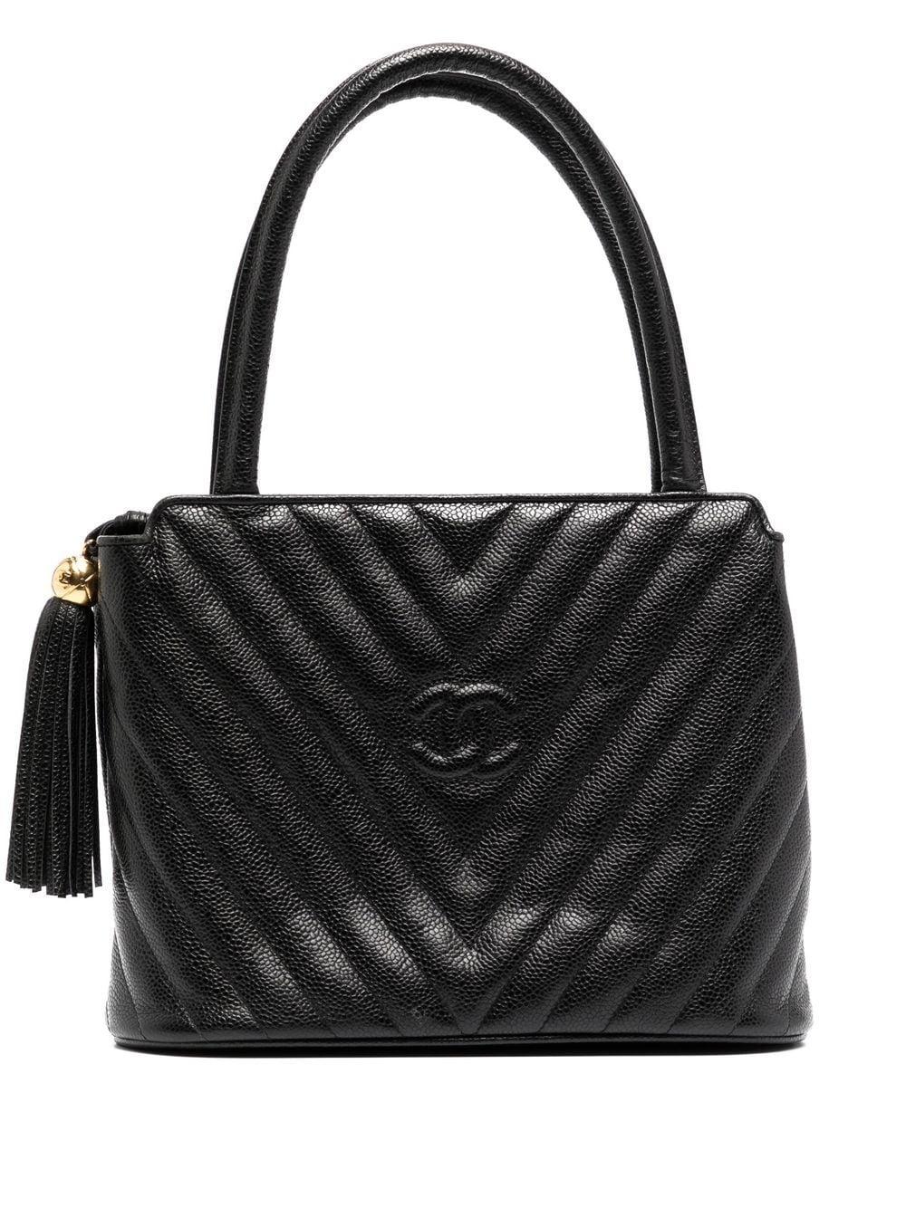 Chanel 1992 Vintage Black Caviar Chevron Tassel Fringe Tote Satchel Kelly Bag In Good Condition In Miami, FL