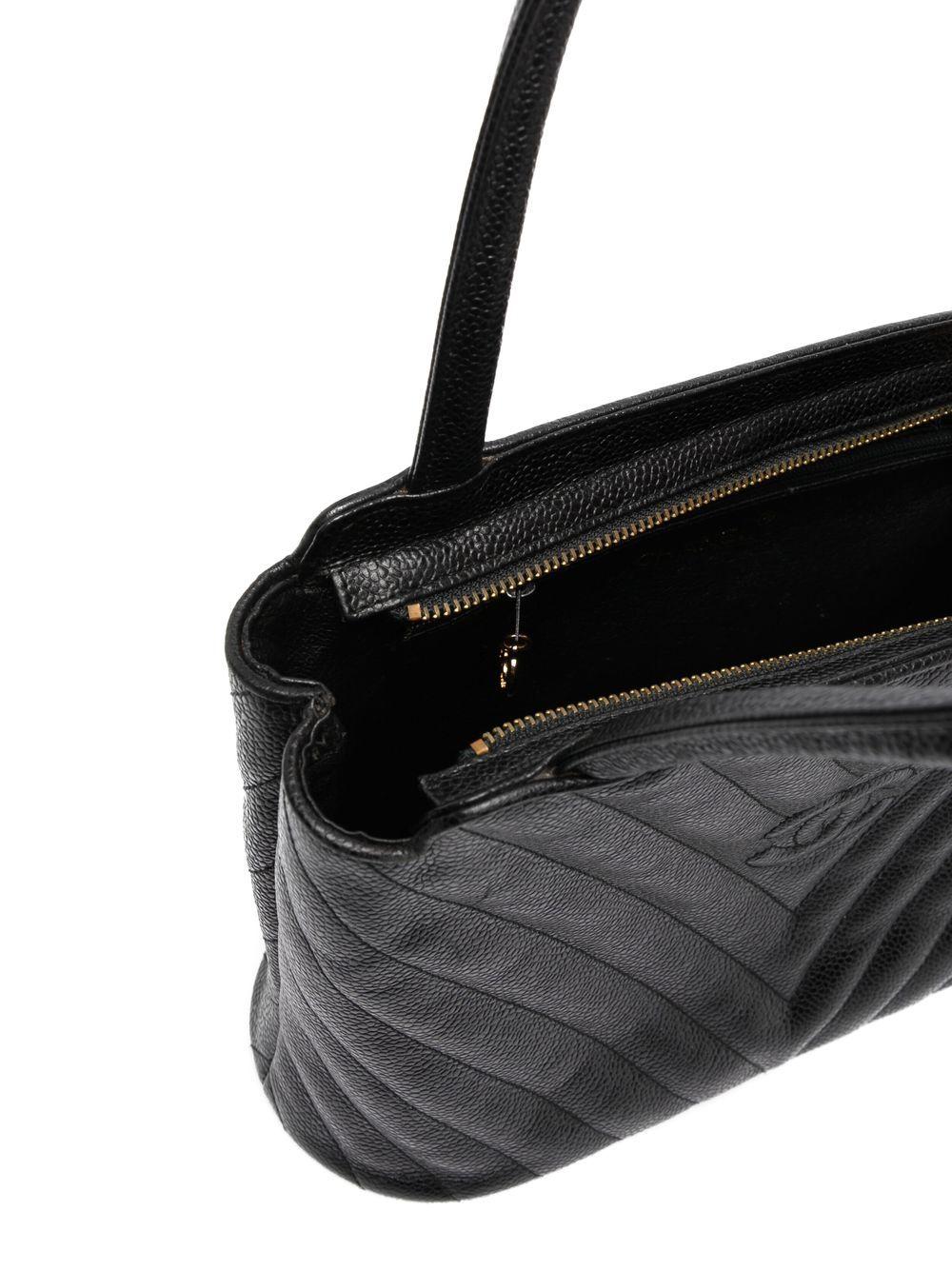 Chanel 1992 Vintage Black Caviar Chevron Tassel Fringe Tote Satchel Kelly Bag 4