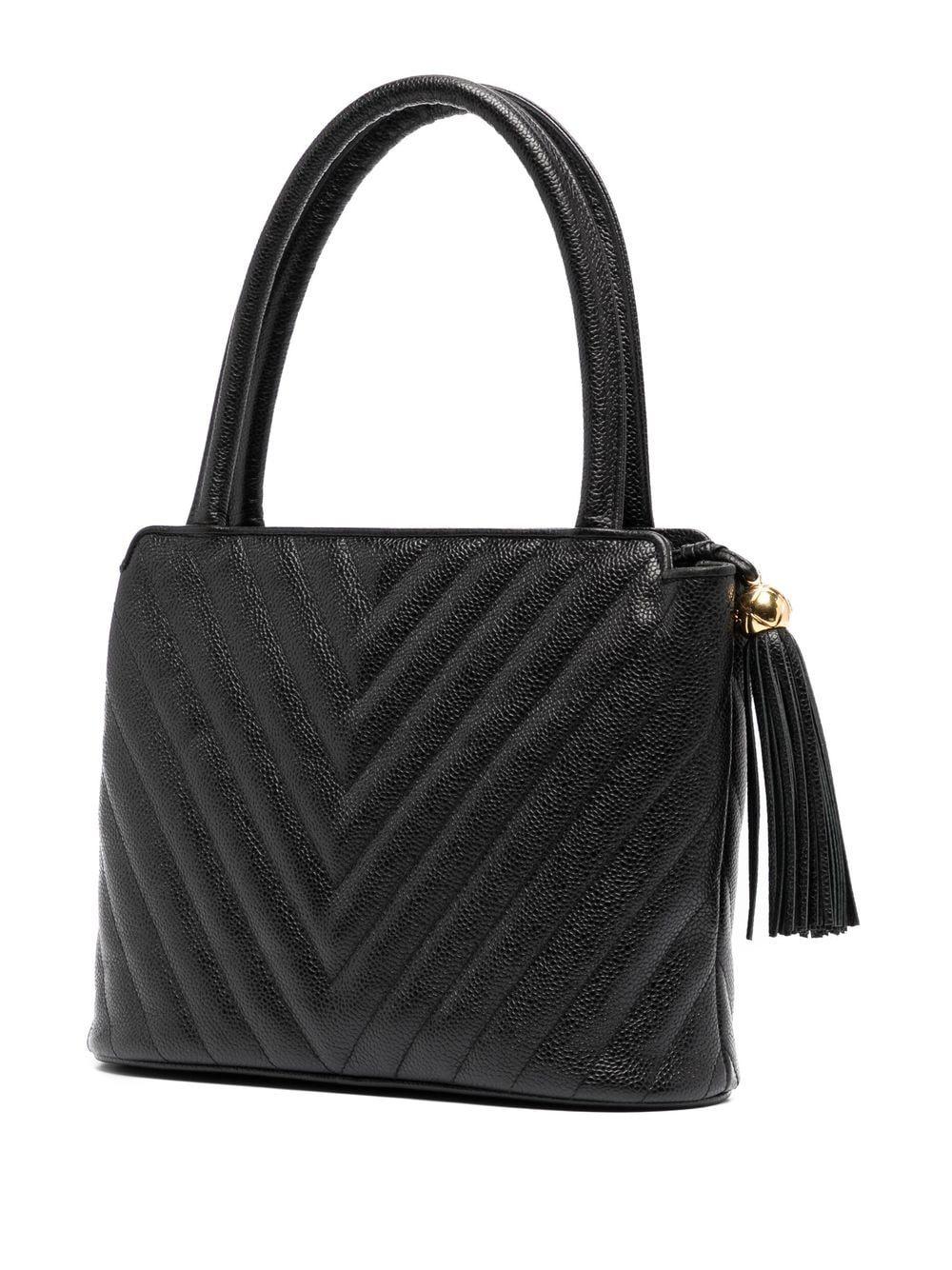 Chanel 1992 Vintage Black Caviar Chevron Tassel Fringe Tote Satchel Kelly Bag 1