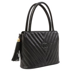 Chanel 1992 Vintage Black Caviar Chevron Tassel Fringe Tote Satchel Kelly Bag