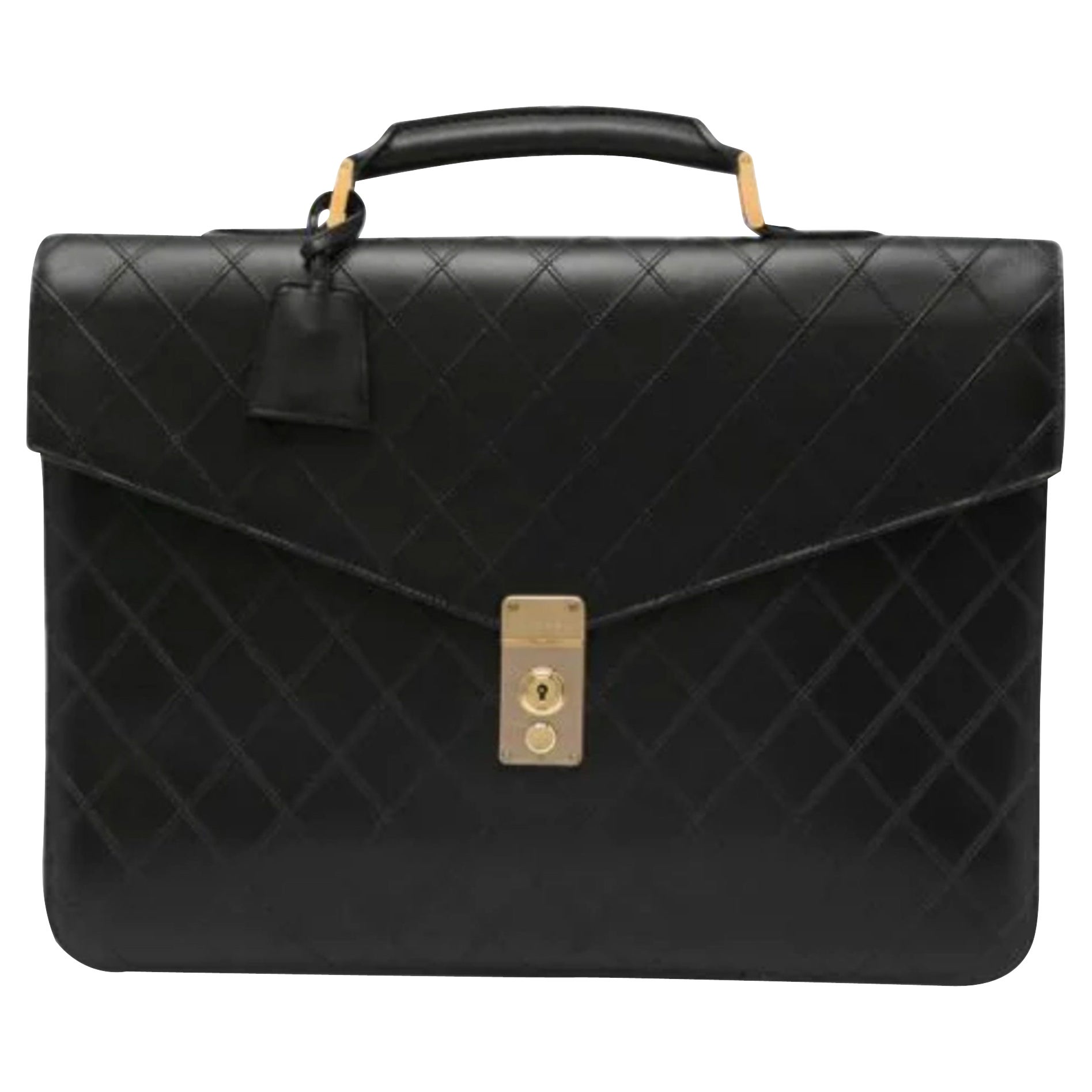 Chanel 1992 Vintage Negro Diamante Acolchado Maletín de Trabajo Portátil