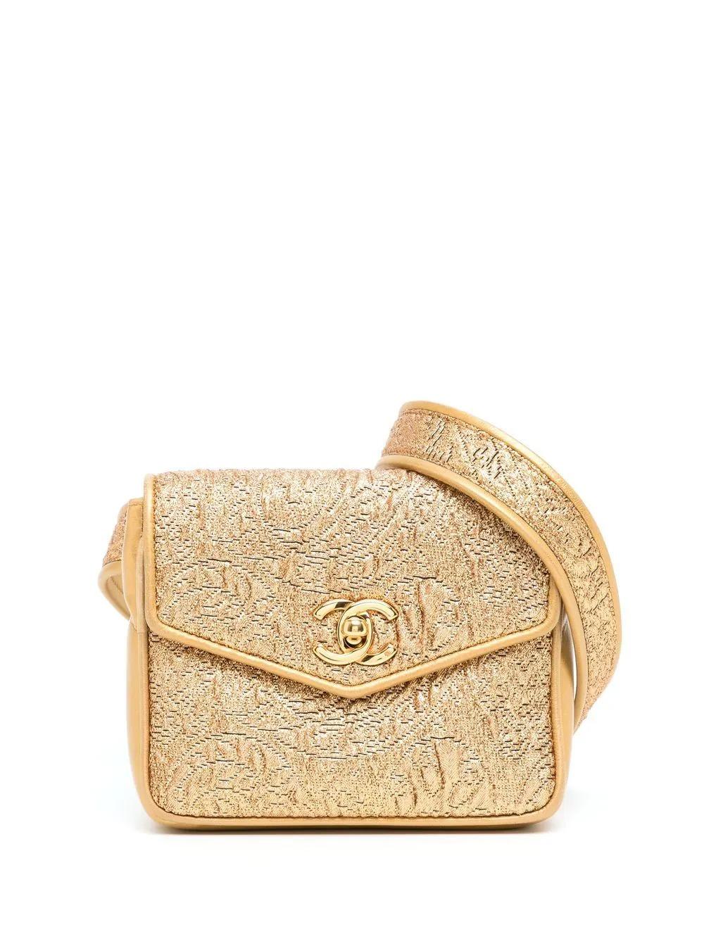 Riñonera Chanel 1992 Vintage Acolchada Brocado Metálico Oro en Bueno estado para la venta en Miami, FL