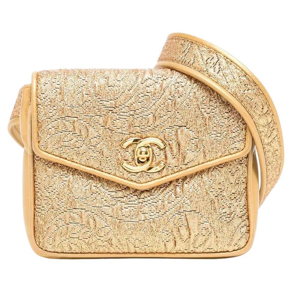 Chanel 1992 Vintage Quilted Gold Metallic Brocade Waist Belt Bag