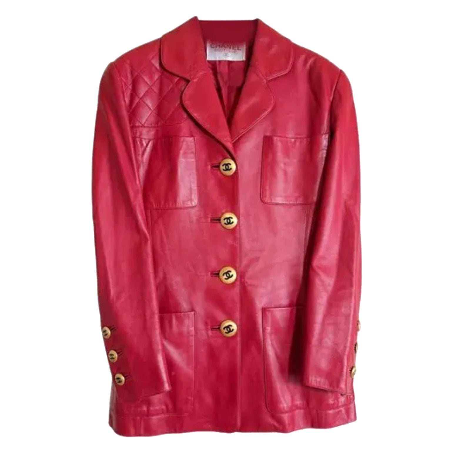 Chanel 1992 Vintage Runway Iconic Red Leather Jacket For Sale