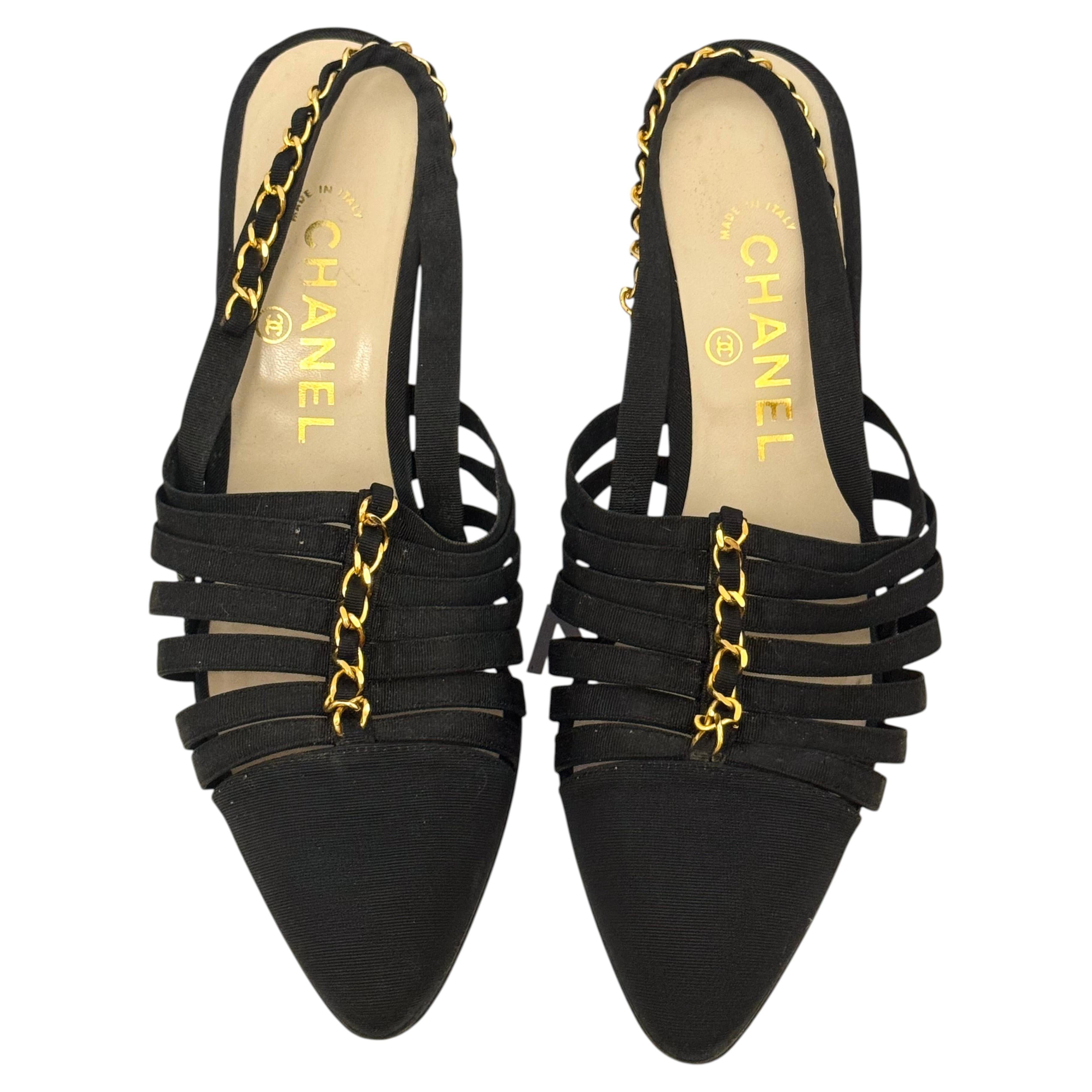 Chanel 1993 24k gold plated chain black heels shoes For Sale