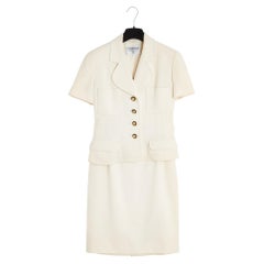 Chanel 1993 Ensemble Veste Jupe FR36 SS Ecru Cotton CC Jacket Skirt Suit UK8 US4