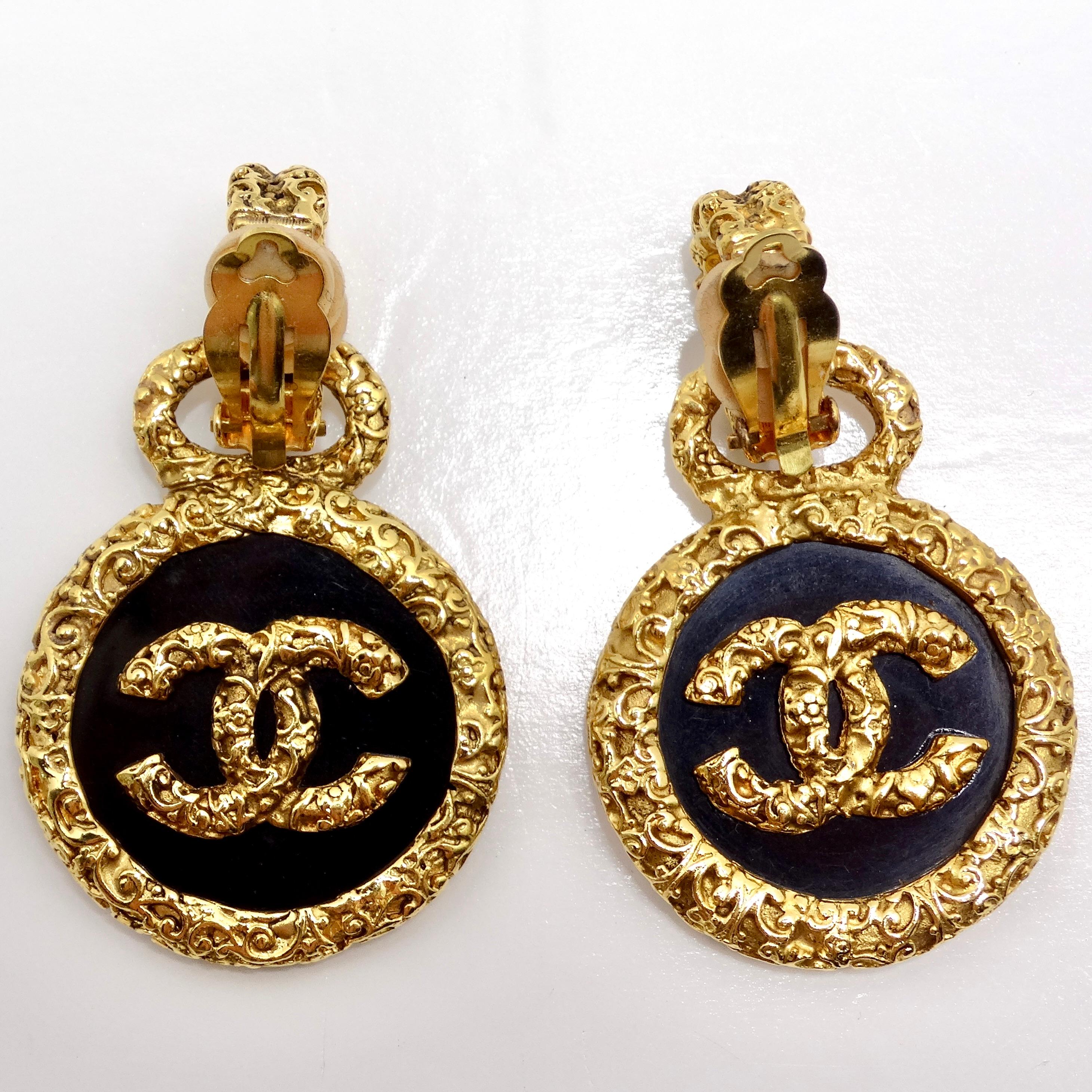 Chanel 1993 Gold Tone Black CC Medallion Florentine Earrings For Sale 1