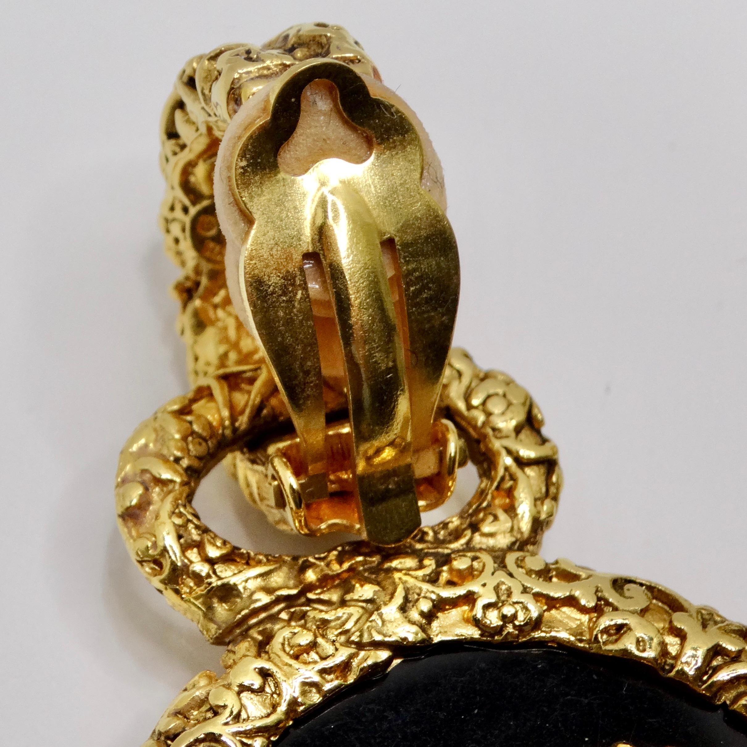 Chanel 1993 Gold Tone Black CC Medallion Florentine Earrings For Sale 2