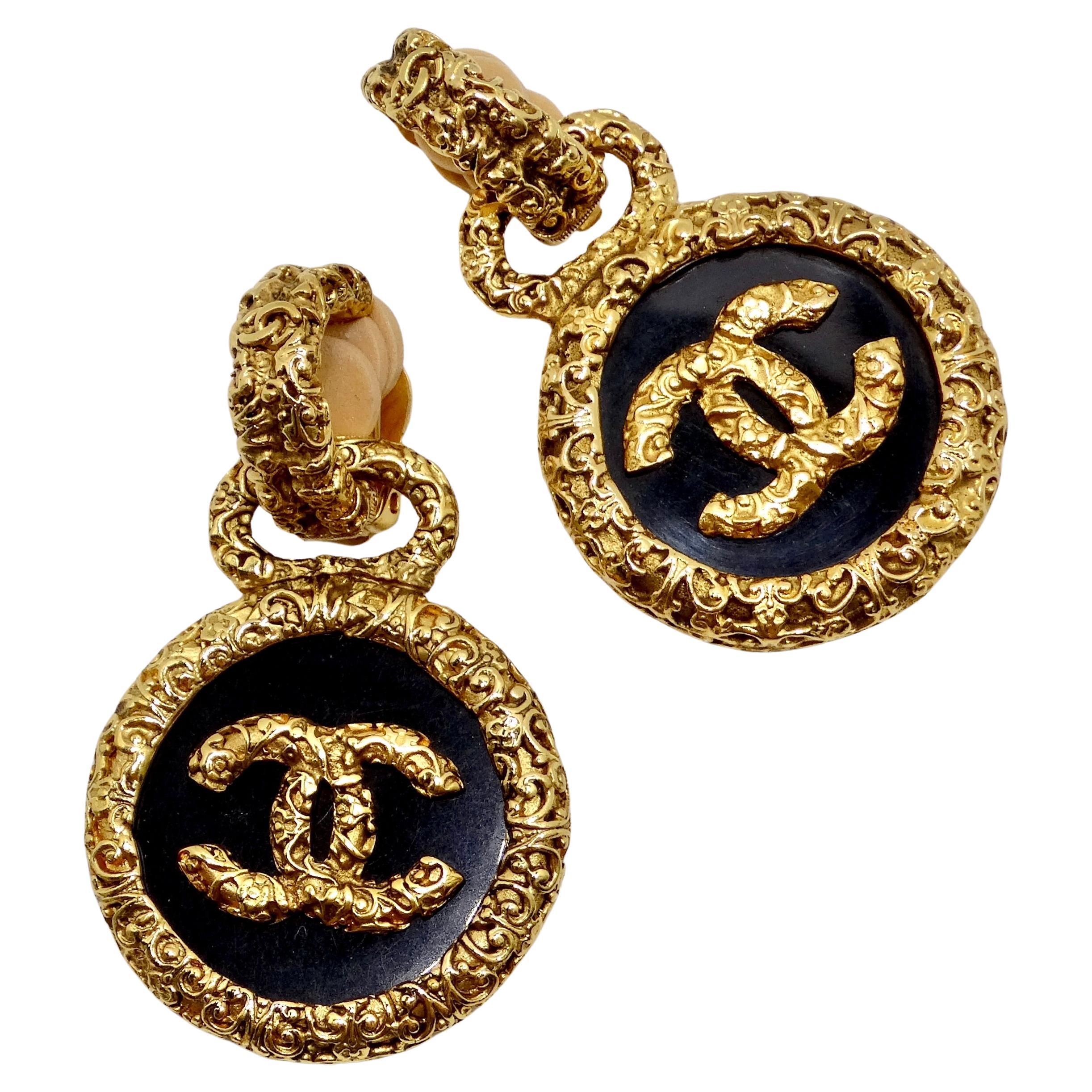 Chanel 1993 Gold Tone Black CC Medallion Florentine Earrings For Sale