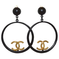 Chanel 1993 P Vintage Black Hoop Clip-On Earrings