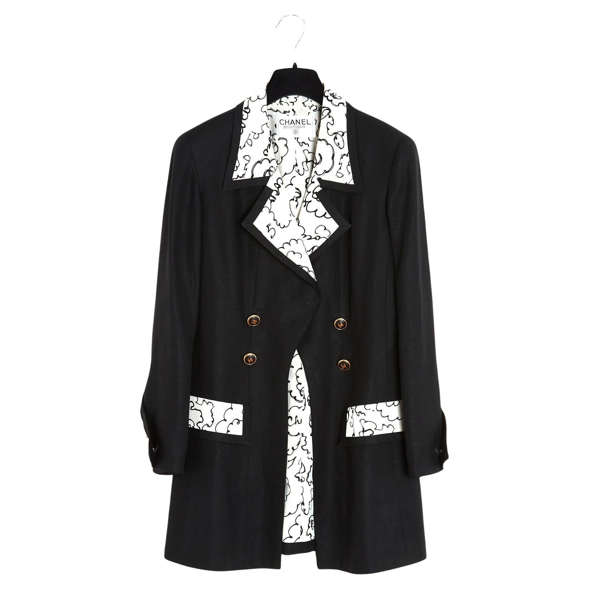 Chanel 1993 Veste Longue Lin Noir FR40 Iconic Black Linen Long Jacket UK12 US10