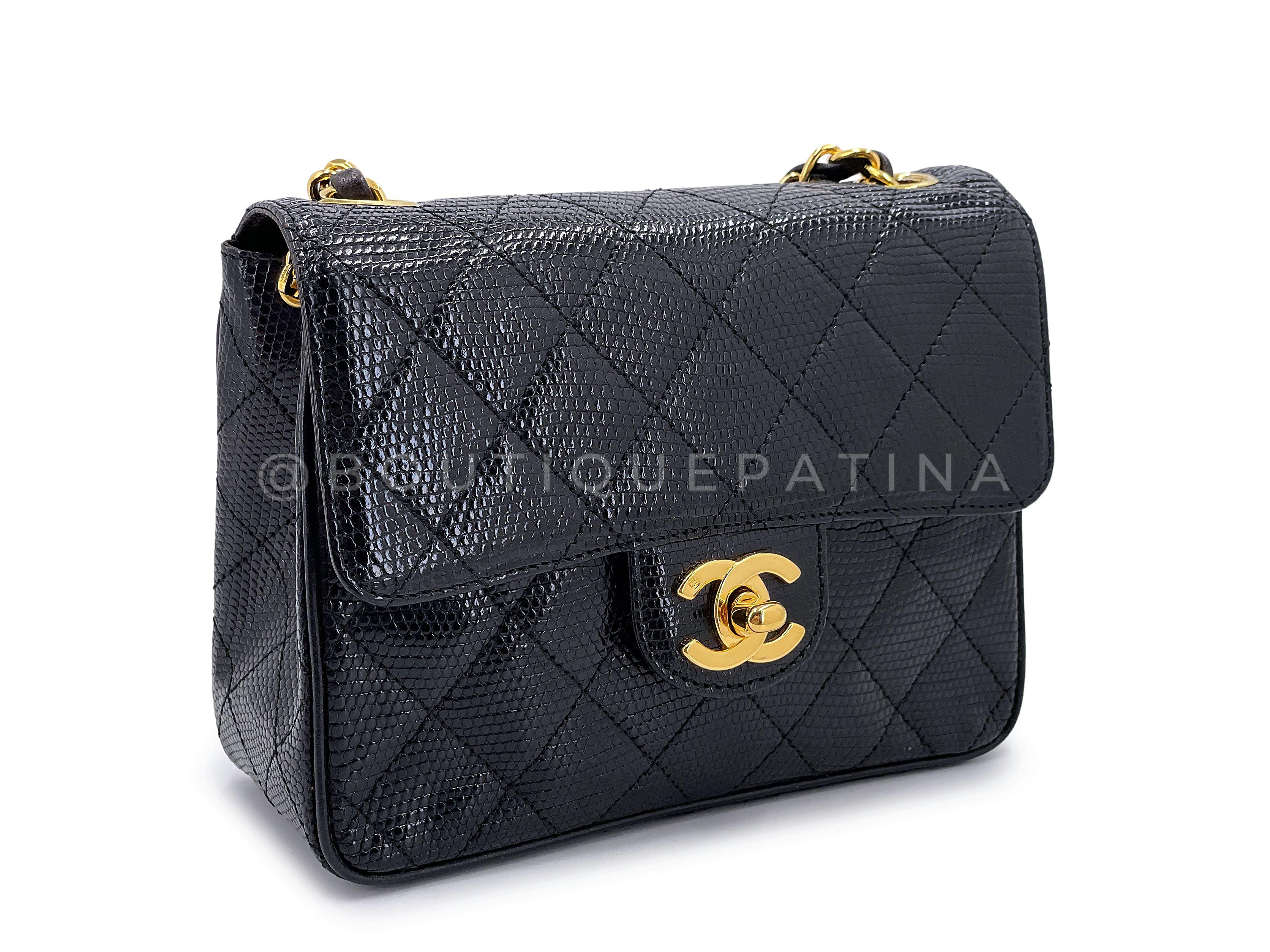 Chanel 1993 Vintage Black Lizard Square Mini Flap Bag 24k GHW 67241 In Excellent Condition For Sale In Costa Mesa, CA