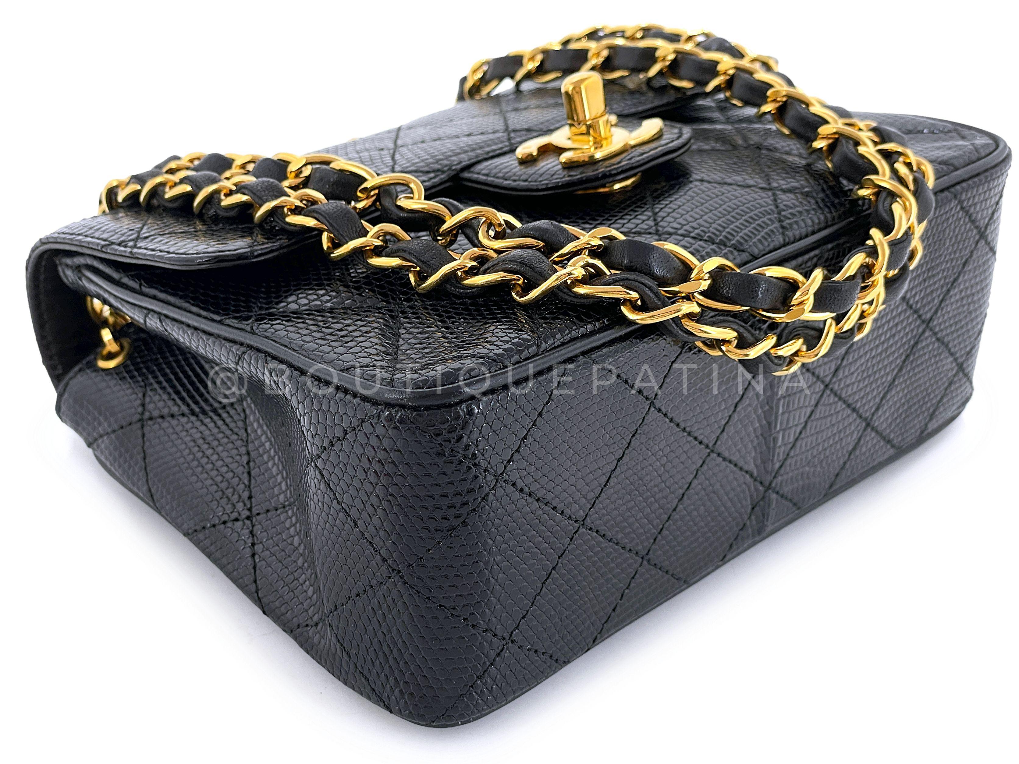 Chanel 1993 Vintage Black Lizard Square Mini Flap Bag 24k GHW 67241 For Sale 3