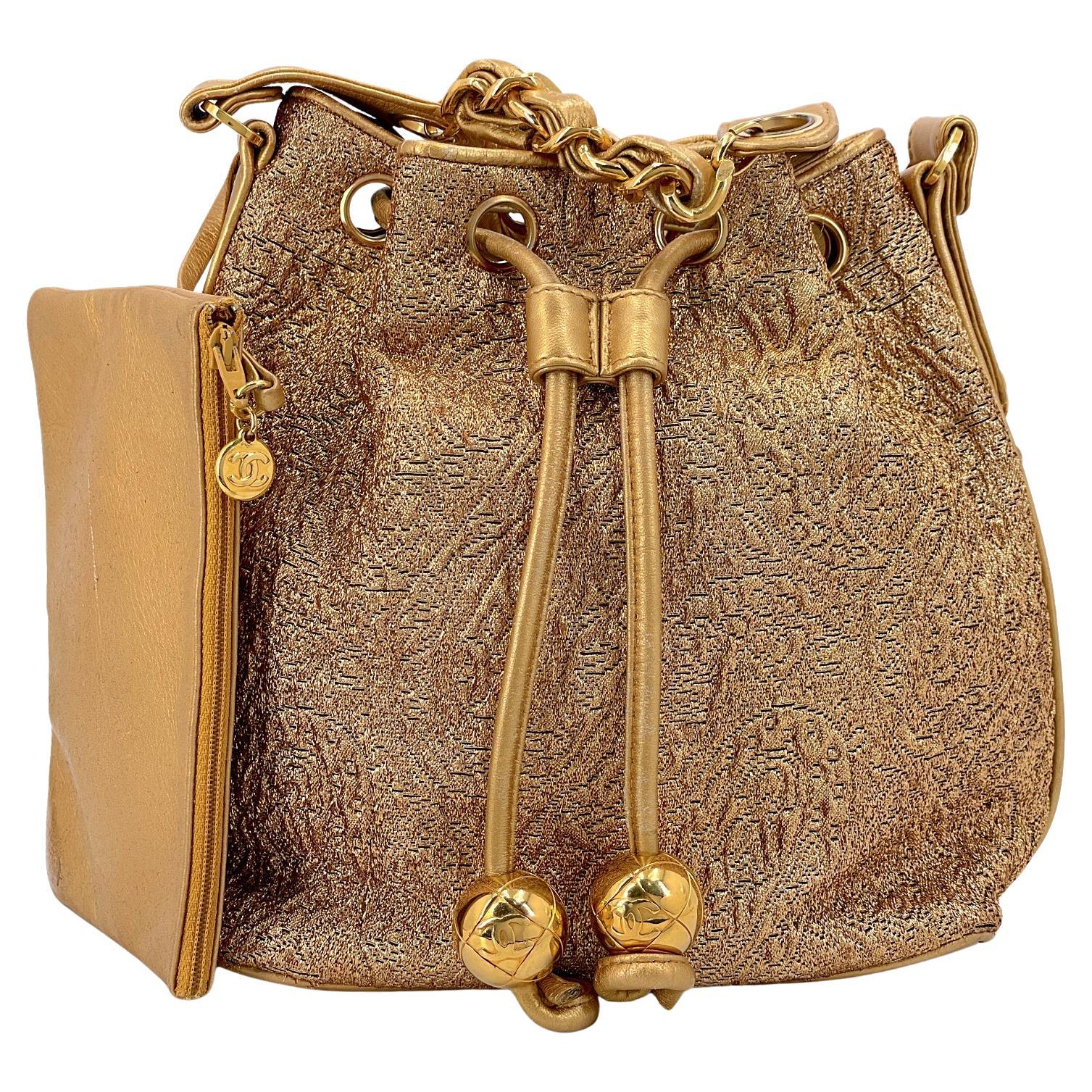 Chanel 1993 Vintage Gold Silk Brocade Bucket Drawstring Bag 24k GHW 68439