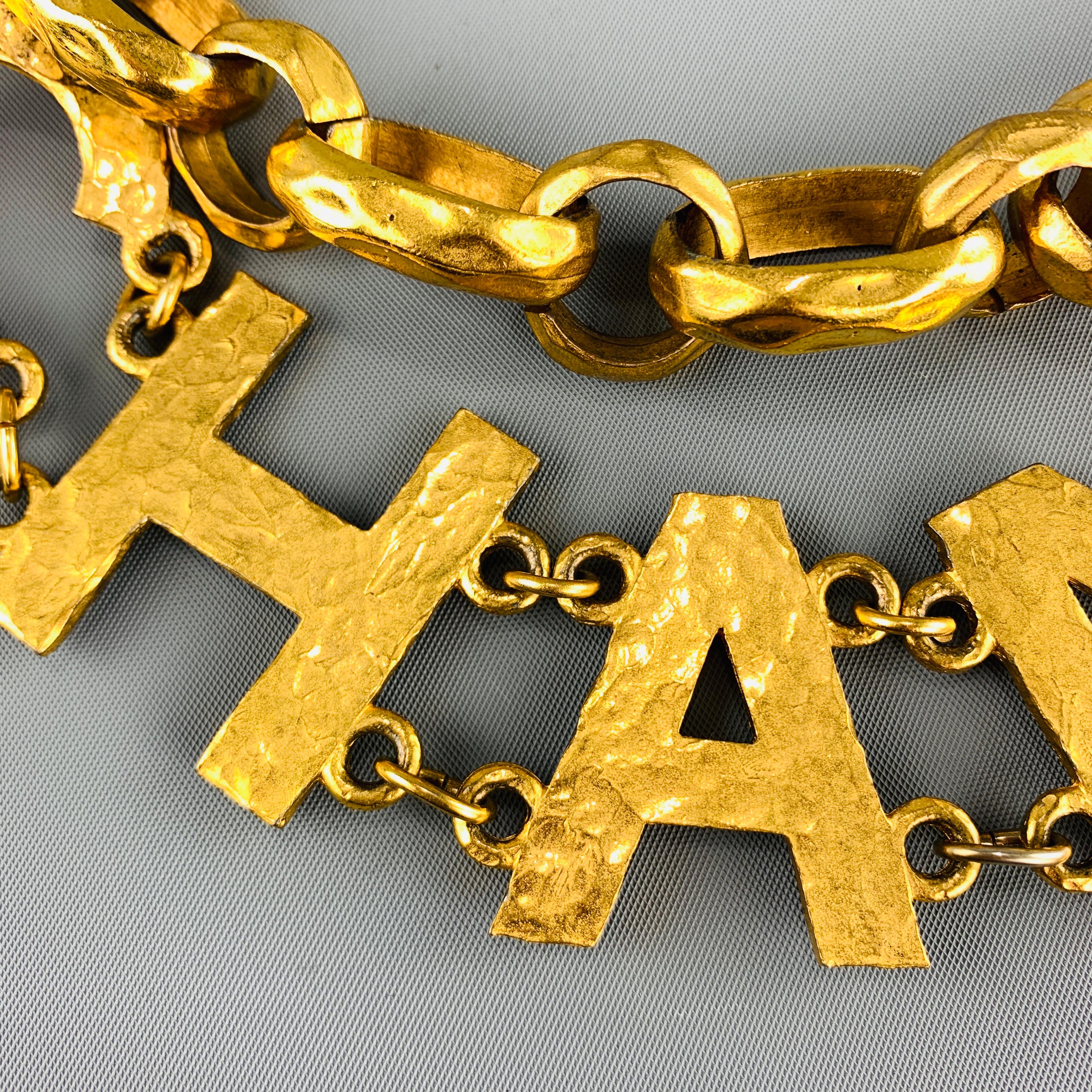 CHANEL 1993 Vintage Gold Tone Hammered Metal Chain Letters Necklace Belt 3