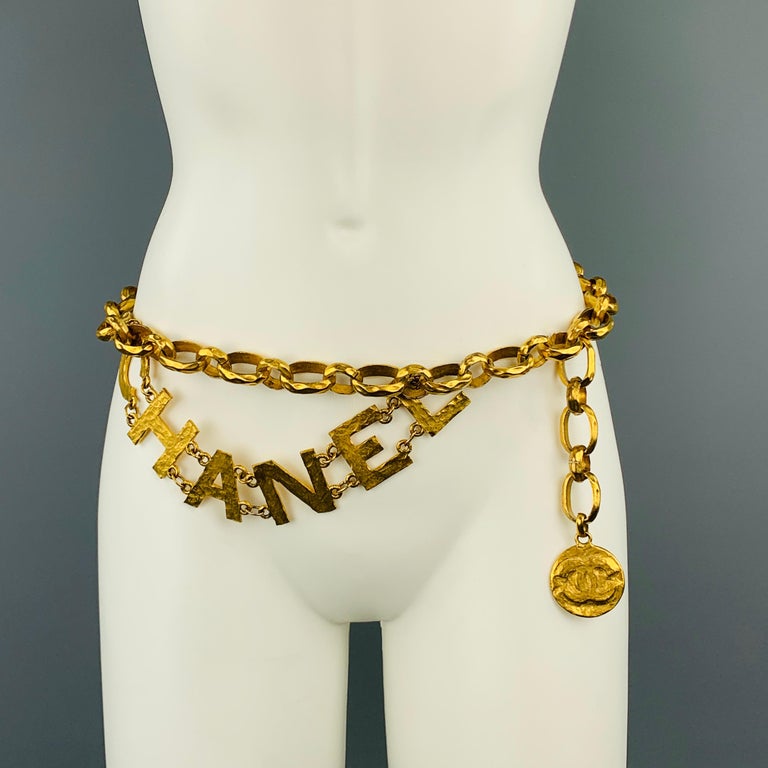CHANEL 1993 Vintage Gold Tone Hammered Metal Chain Letters Necklace Belt