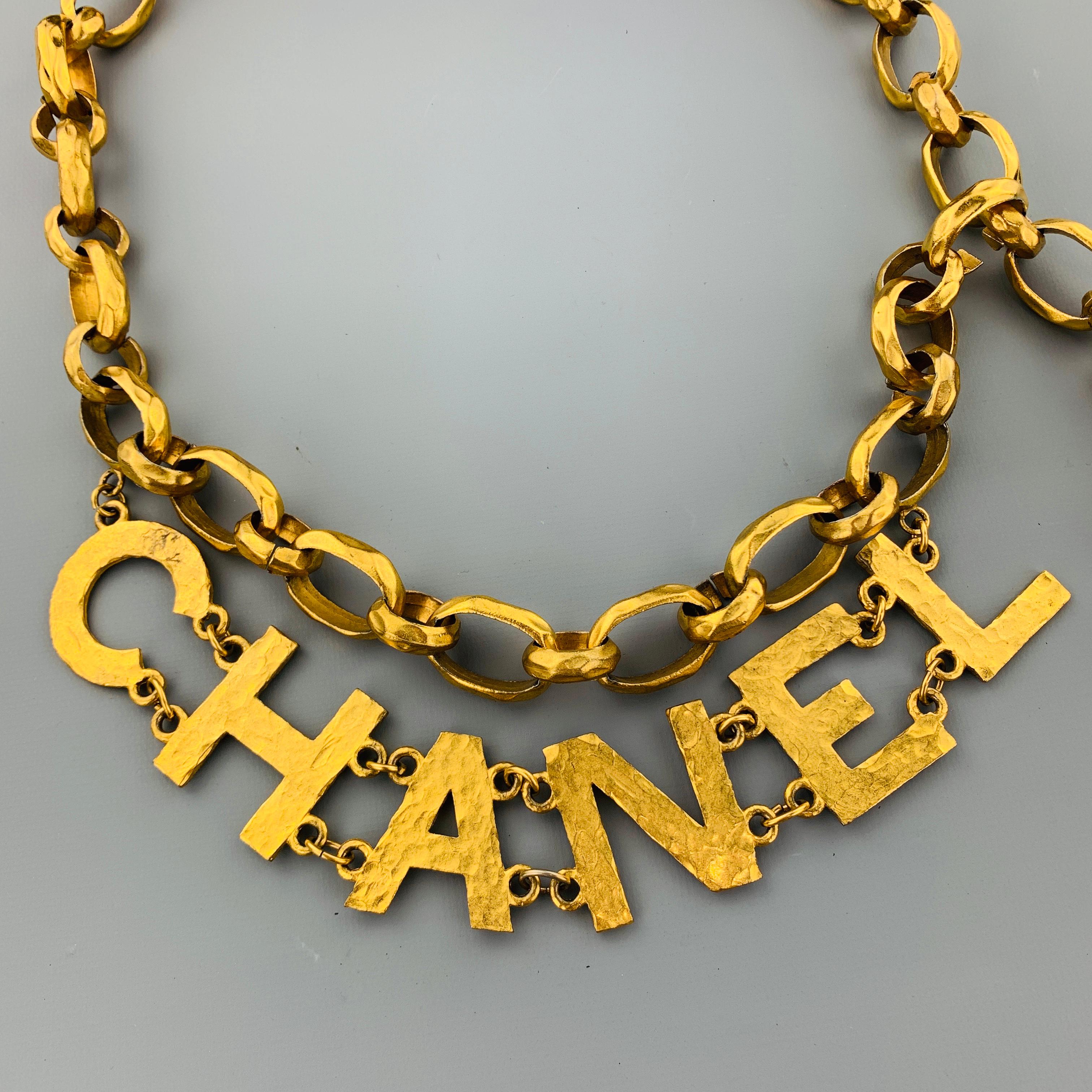 CHANEL 1993 Vintage Gold Tone Hammered Metal Chain Letters Necklace Belt In Excellent Condition In San Francisco, CA