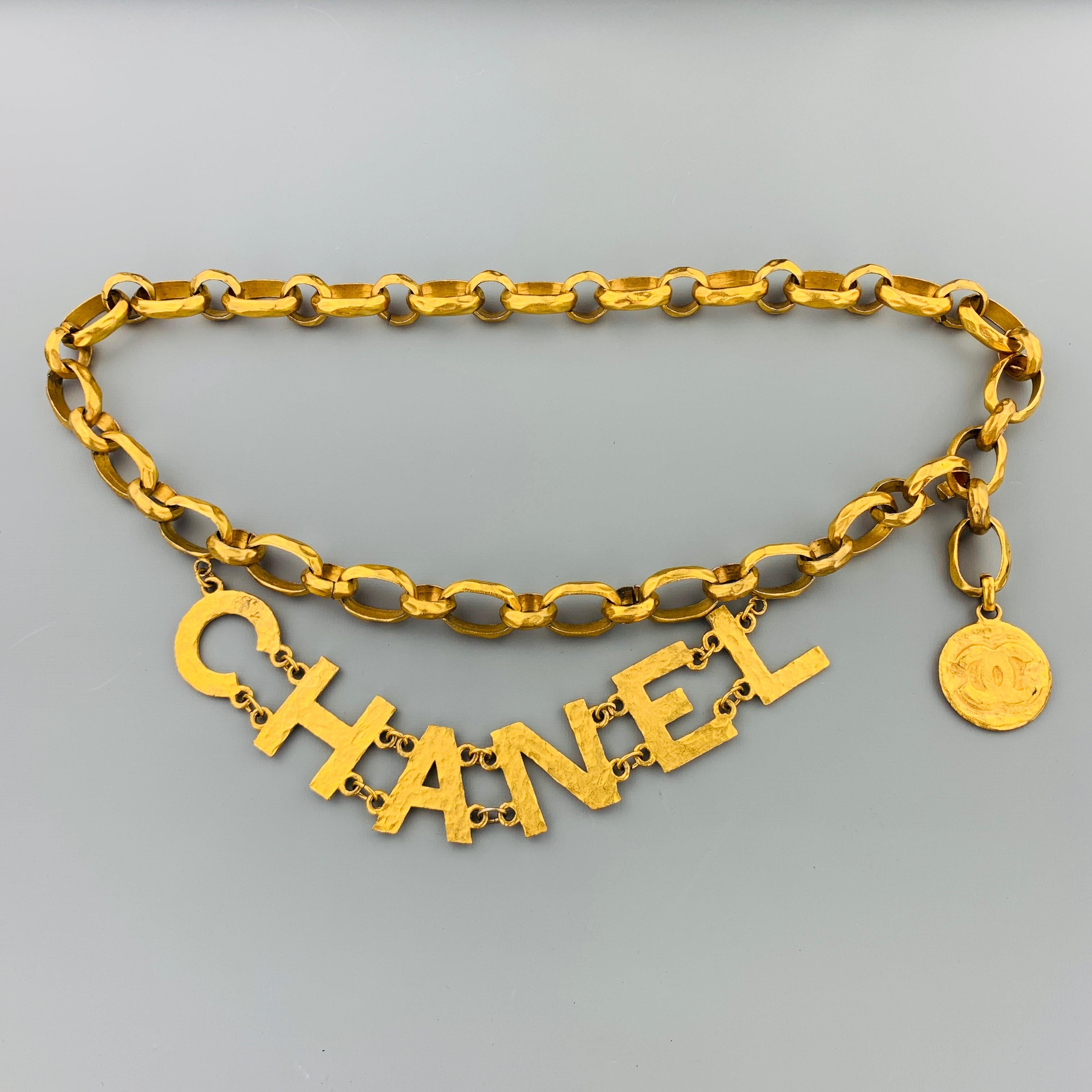 Women's CHANEL 1993 Vintage Gold Tone Hammered Metal Chain Letters Necklace Belt