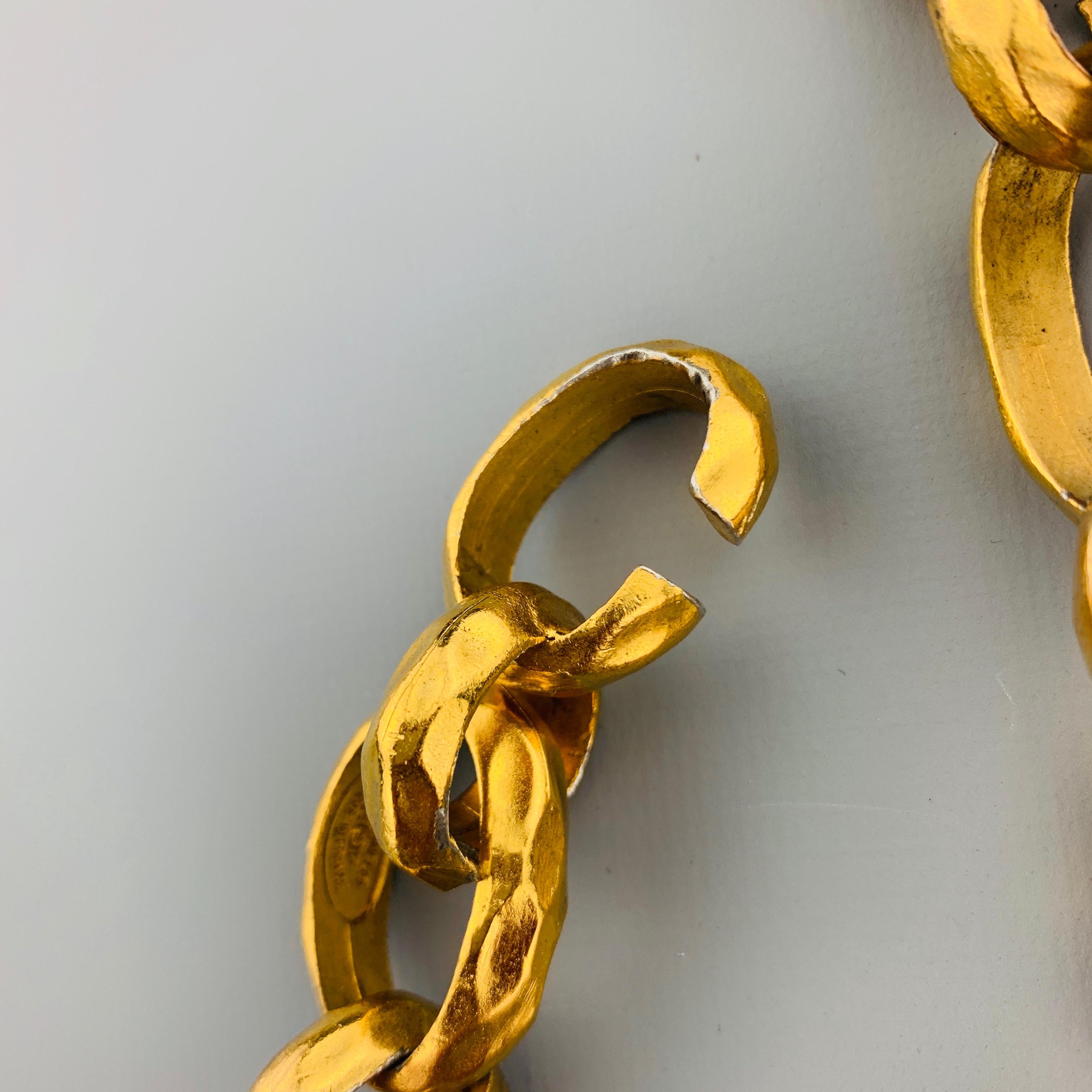 CHANEL 1993 Vintage Gold Tone Hammered Metal Chain Letters Necklace Belt 1