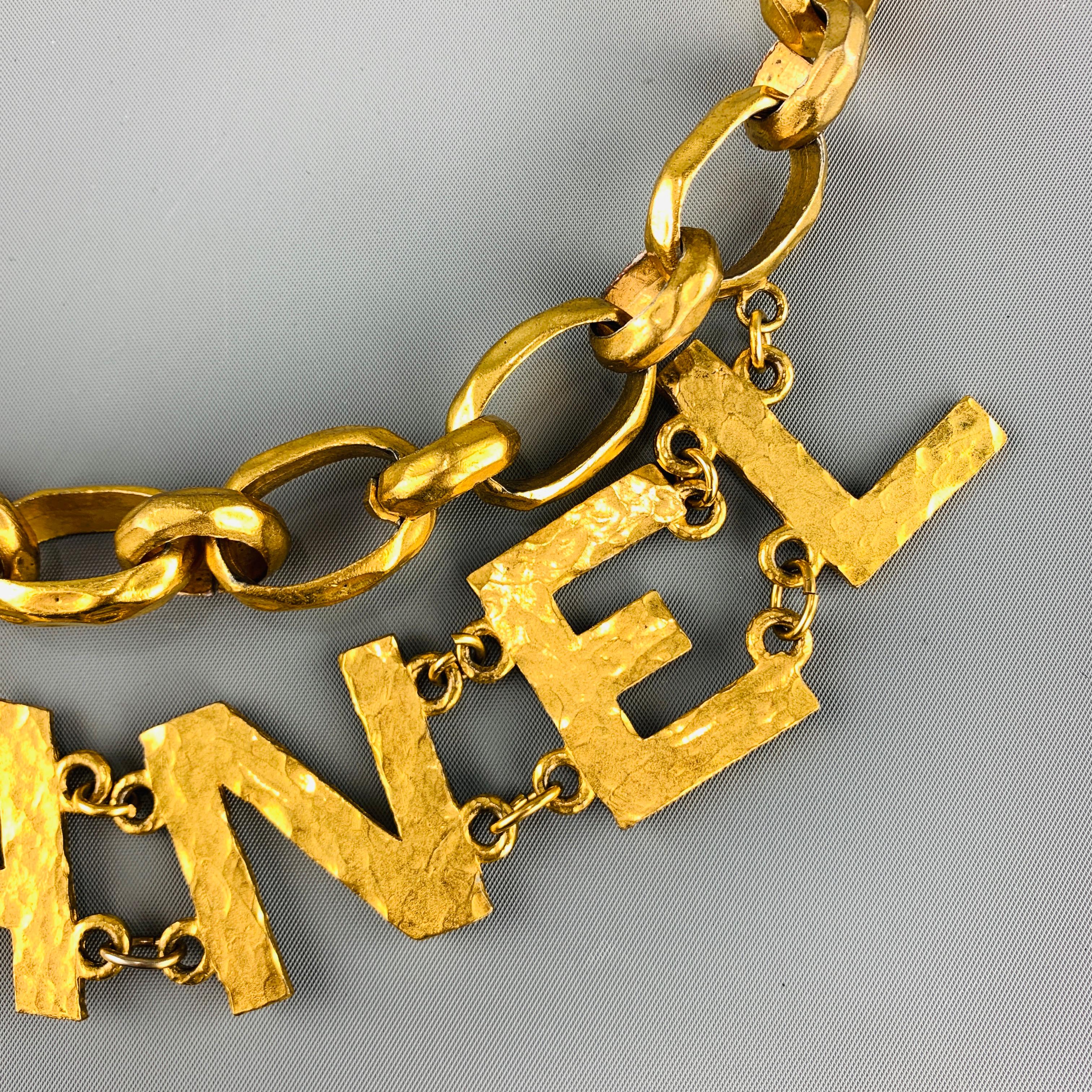 CHANEL 1993 Vintage Gold Tone Hammered Metal Chain Letters Necklace Belt 2