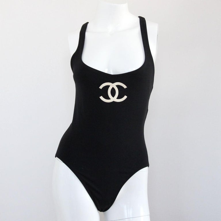 CHANEL 1994 Black International Flaggs CC Logo Swimsuit by Karl