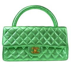 Vintage Chanel 1994 Classic Flap Handbag Medium Metallic Green Lambskin