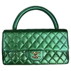 Chanel 1994 Classic Flap Top Handle Bag Medium Metallic Green Lambskin Leather