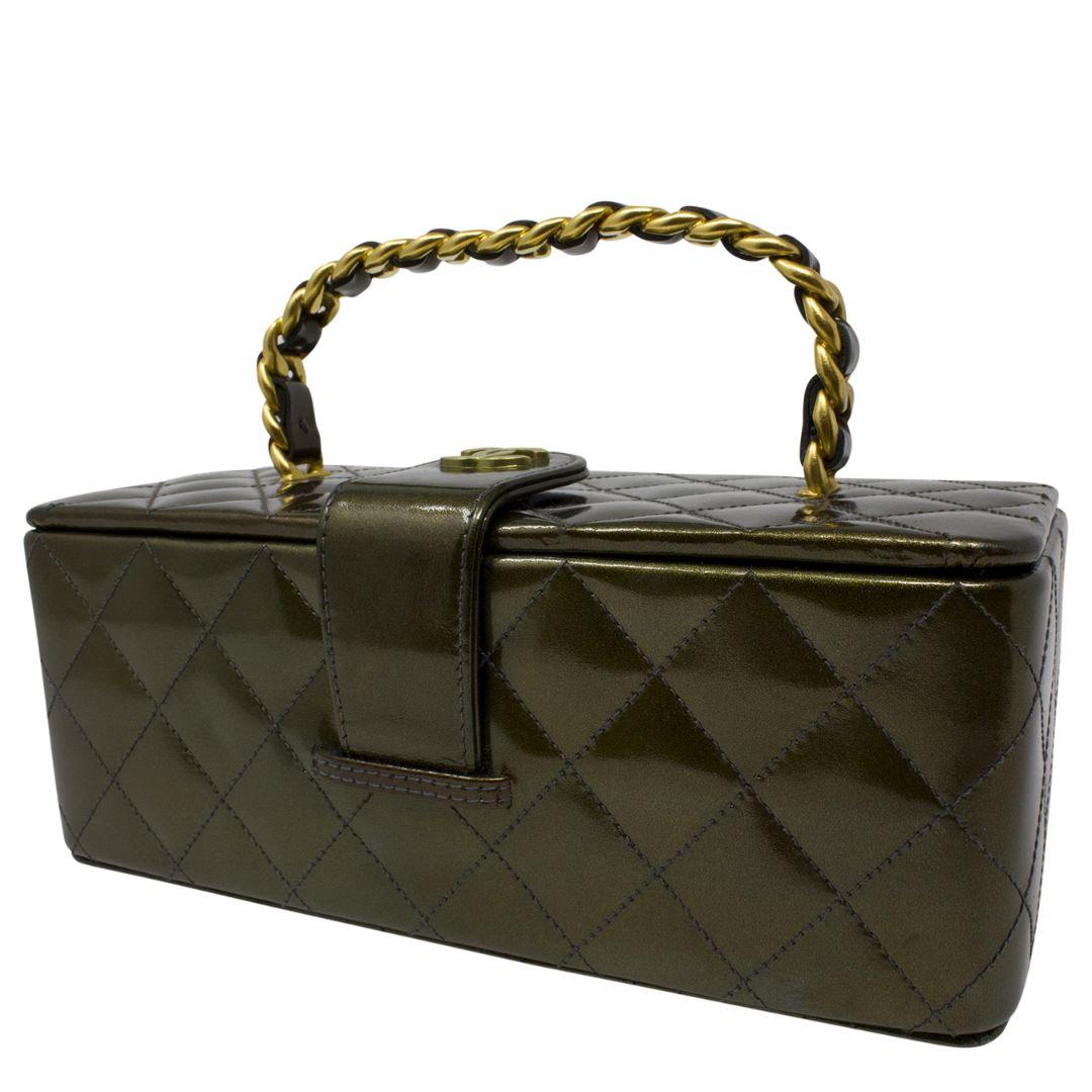 Black Chanel 1994 Collector's Olive Green Patent Leather Quilted Top Handle Bag For Sale