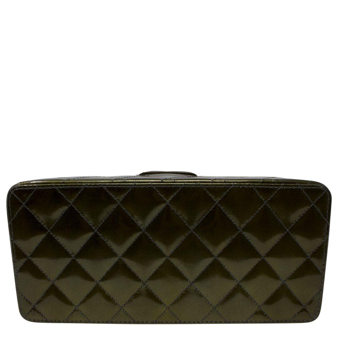 Chanel 1994 Collector's Olive Green Patent Leather Quilted Top Handle Bag In Excellent Condition For Sale In Atlanta, GA