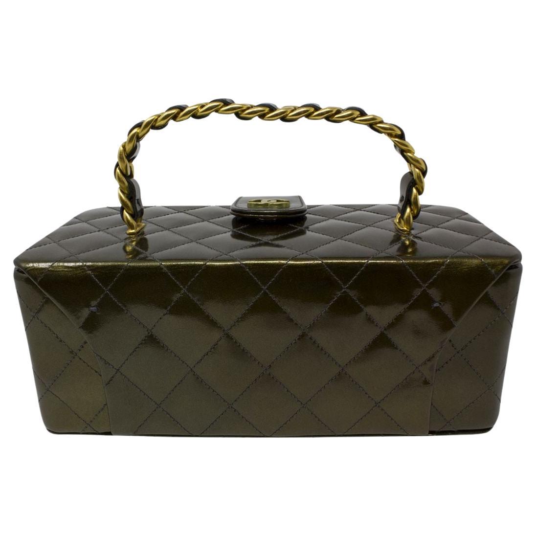 Chanel 1994 Collector's Olive Green Patent Leather Quilted Top Handle Bag For Sale