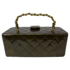 Chanel 1994 Collector's Olive Green Patent Leather Quilted Top Handle Bag