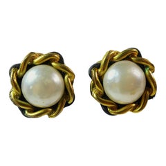 CHANEL 1994 Gold Tone 
Black Woven Chain Faux Pearl Clip On Earrings