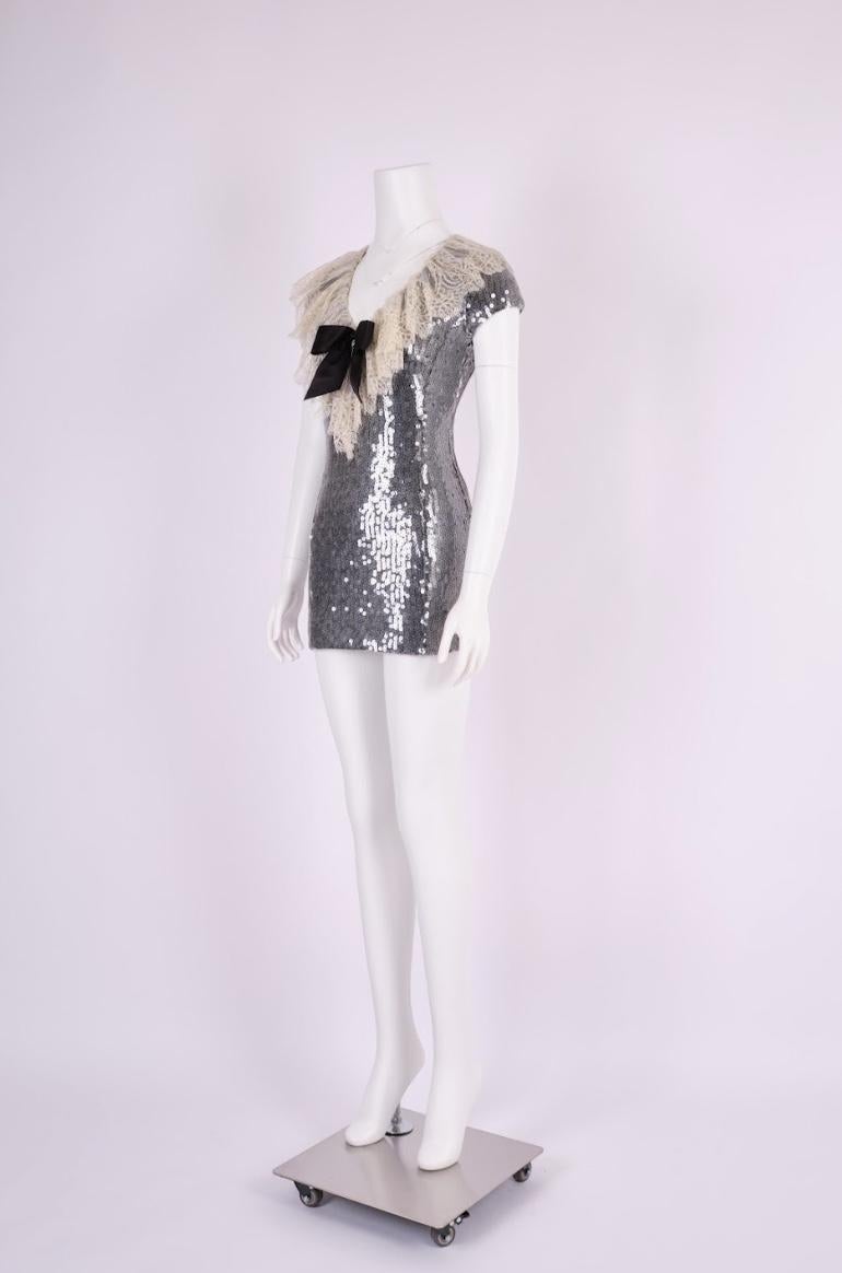 Gray Chanel 1994 Grey Sequin Dress With Lace Collar For Sale