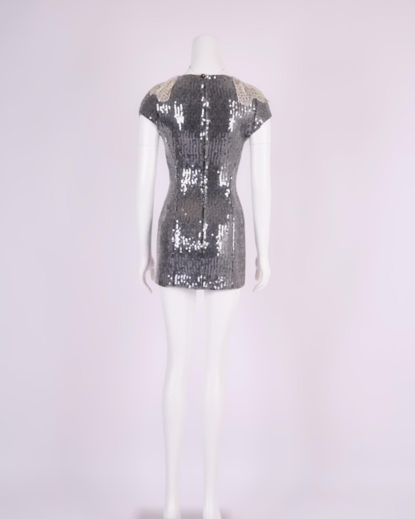 Chanel 1994 Grey Sequin Dress With Lace Collar For Sale 1